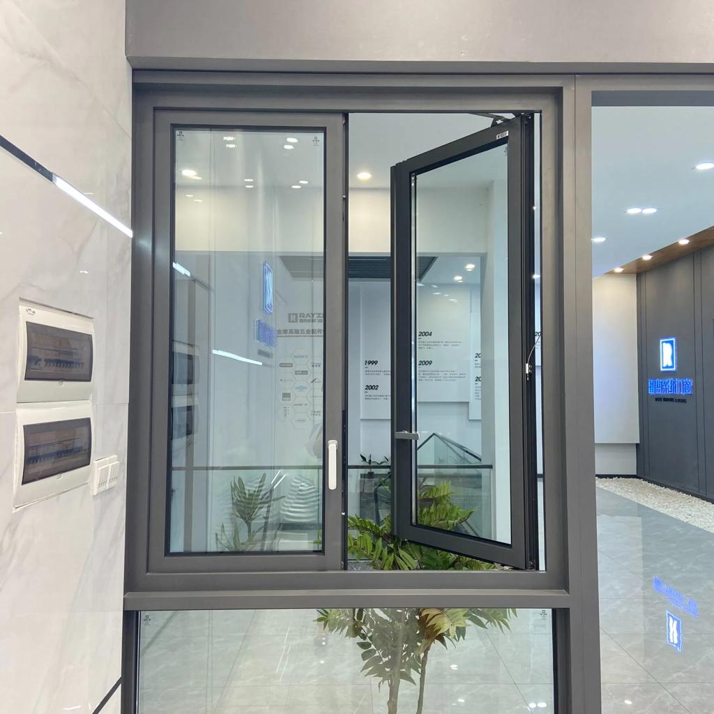 Aluminium casement windows installed in a commercial showroom in Tamil Nadu — modern slim-profile aluminium frames for maximum visibility and natural light